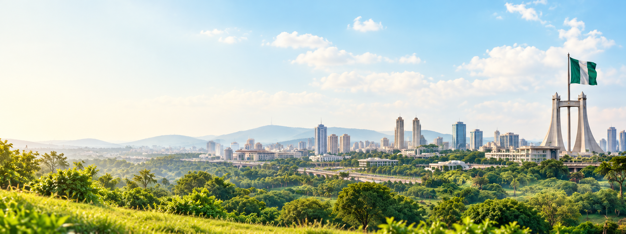 A bright Nigerian city landscape representing digital inclusion and economic opportunity